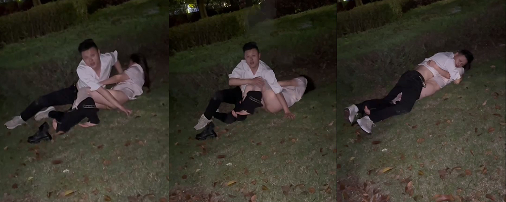 公园草地上扒了裤子就是干 广西老表520打响野战第一炮 发现被偷拍后一脸懵逼