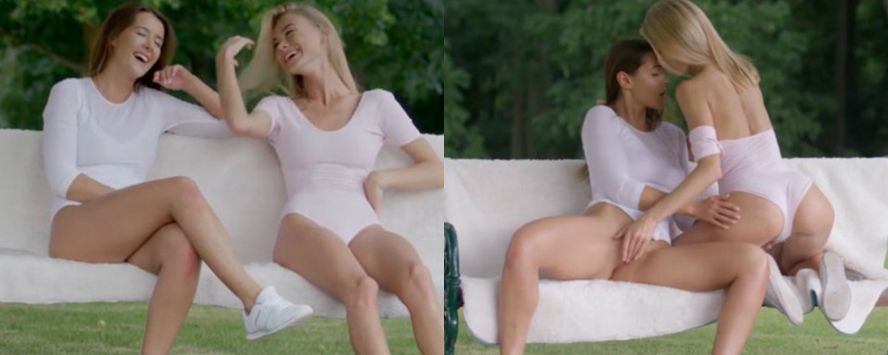 欧美热辣瑜伽闺蜜晨练后欲望兴起 长椅上舌吻揉奶调情 两女磨豆腐擦出爱的液体