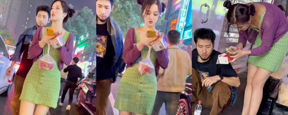 夜市抄底丸子头美女裙下风光 无内出门陪醉酒男友逛街 主动撅起翘臀露出美鲍供人欣赏 