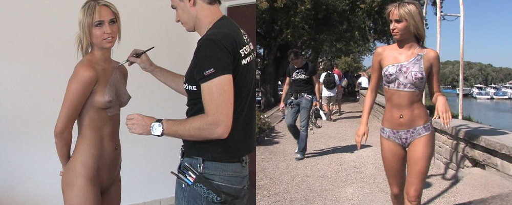 欧美金发美女爽玩另类户外露出 赤身酮体画上逼真彩绘 行人面前全裸夹奶自拍惊险又刺激