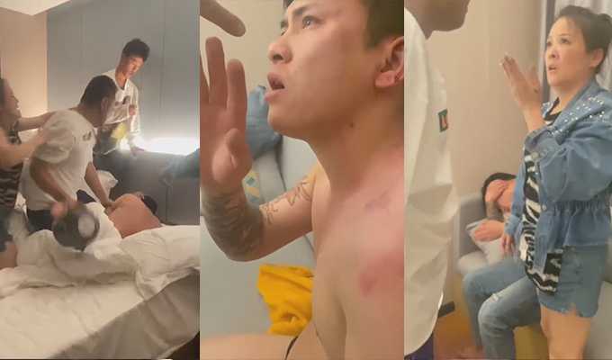 爸爸带儿子宾馆捉奸 父子俩对着男小三猛踹 老婆誓死保卫情人 这是出真感情了吗?